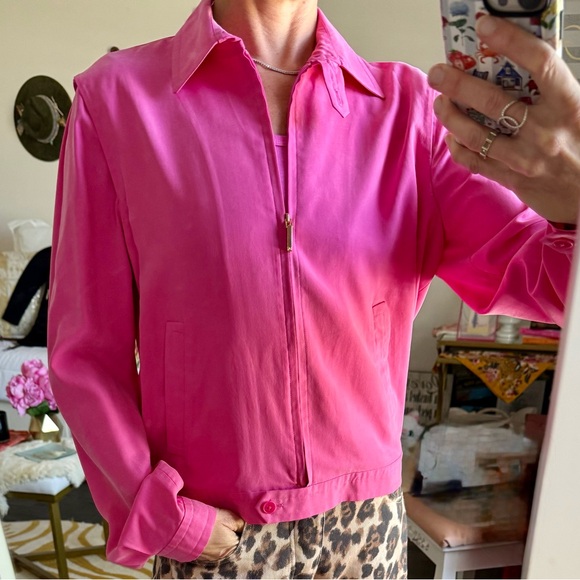 Vintage Ralph Lauren Silk Jacket Hot Pink Zip Front Lightweight Size M - Picture 2 of 9